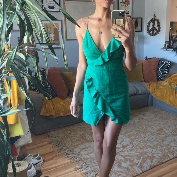 Green Ruffle Faux Wrap Dress - Picture 12 of 12